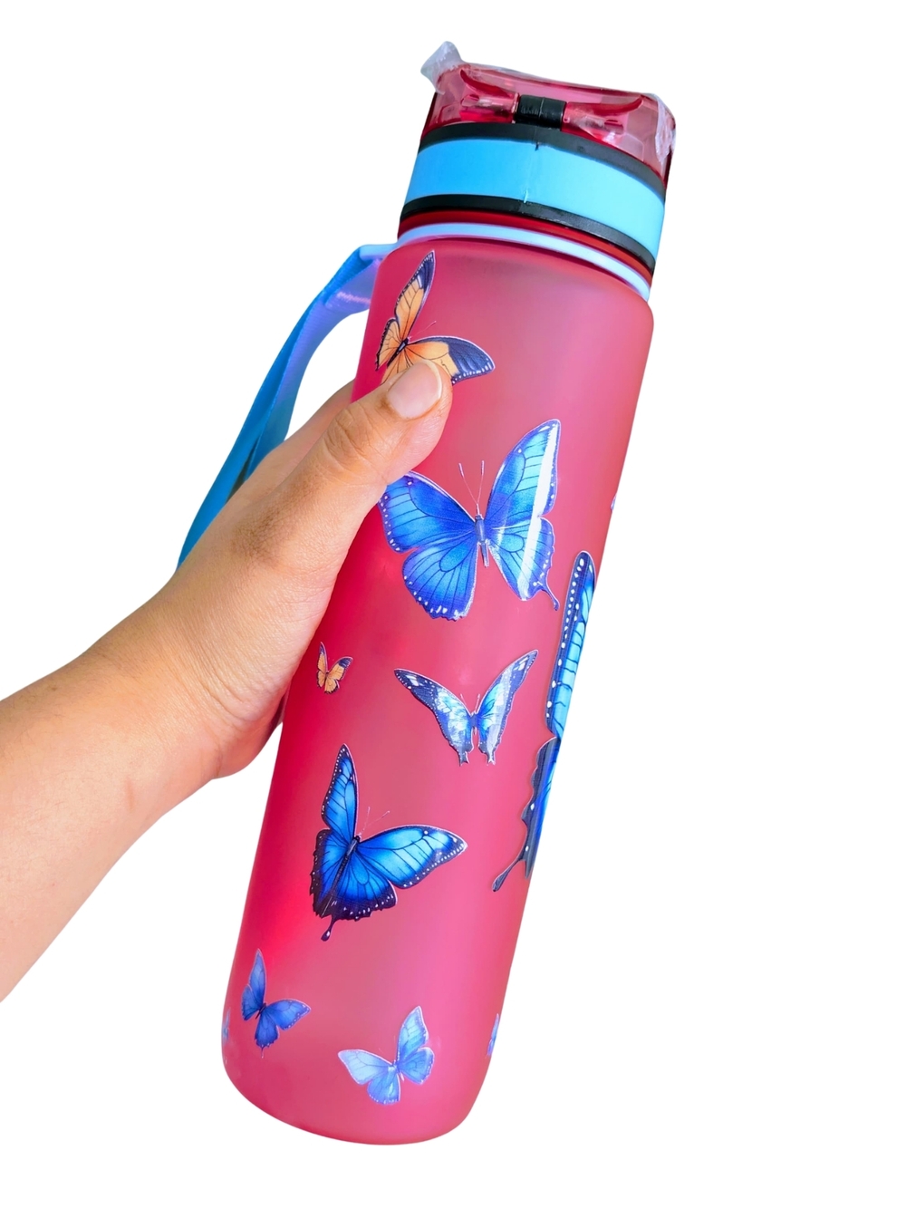 Pink Butterfly Water Bottle with Blue Accents
